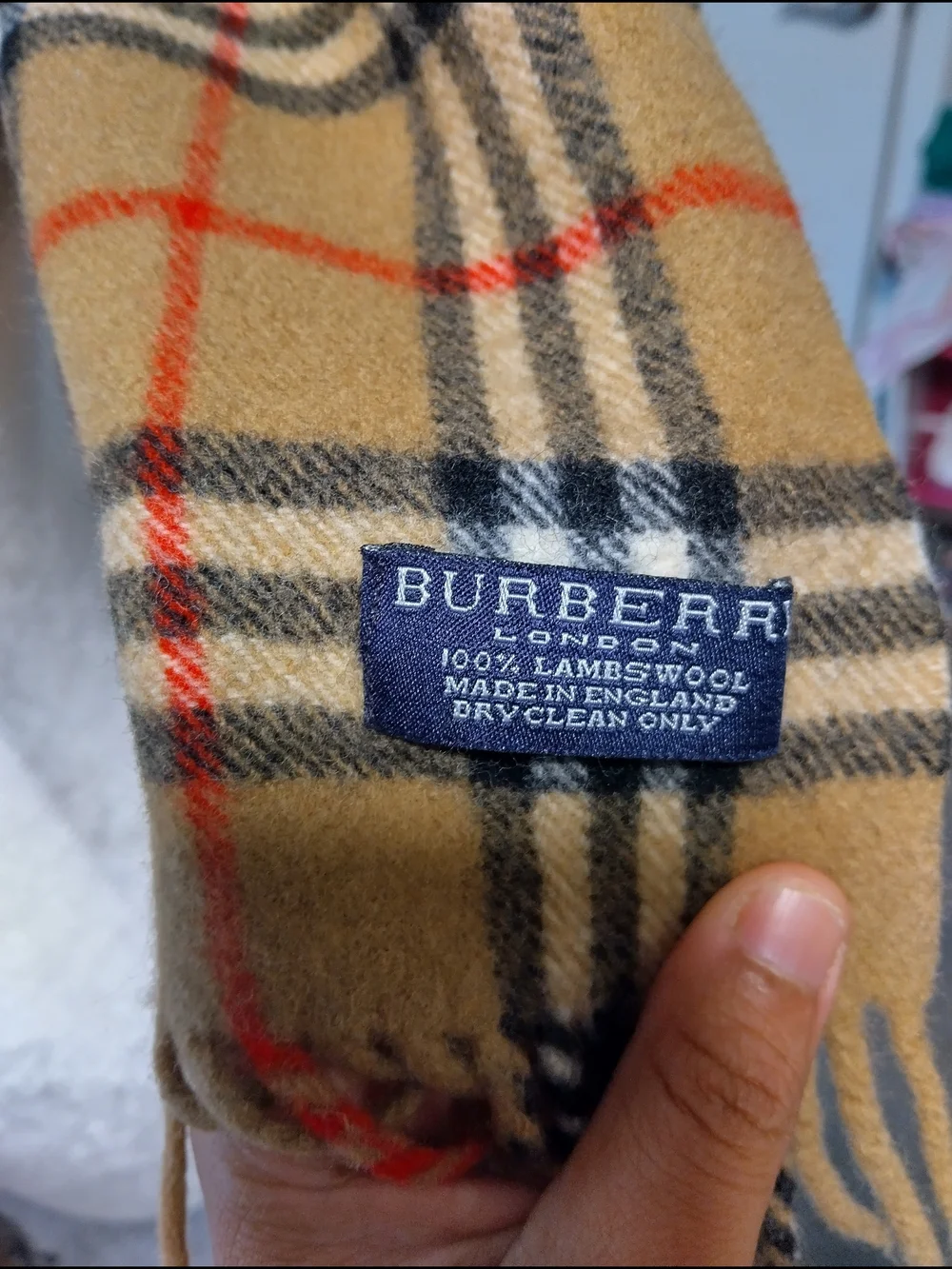 Vintage 100%,Lambswool Burberry Tan Plaid Scarf with Black, White and Red Checks